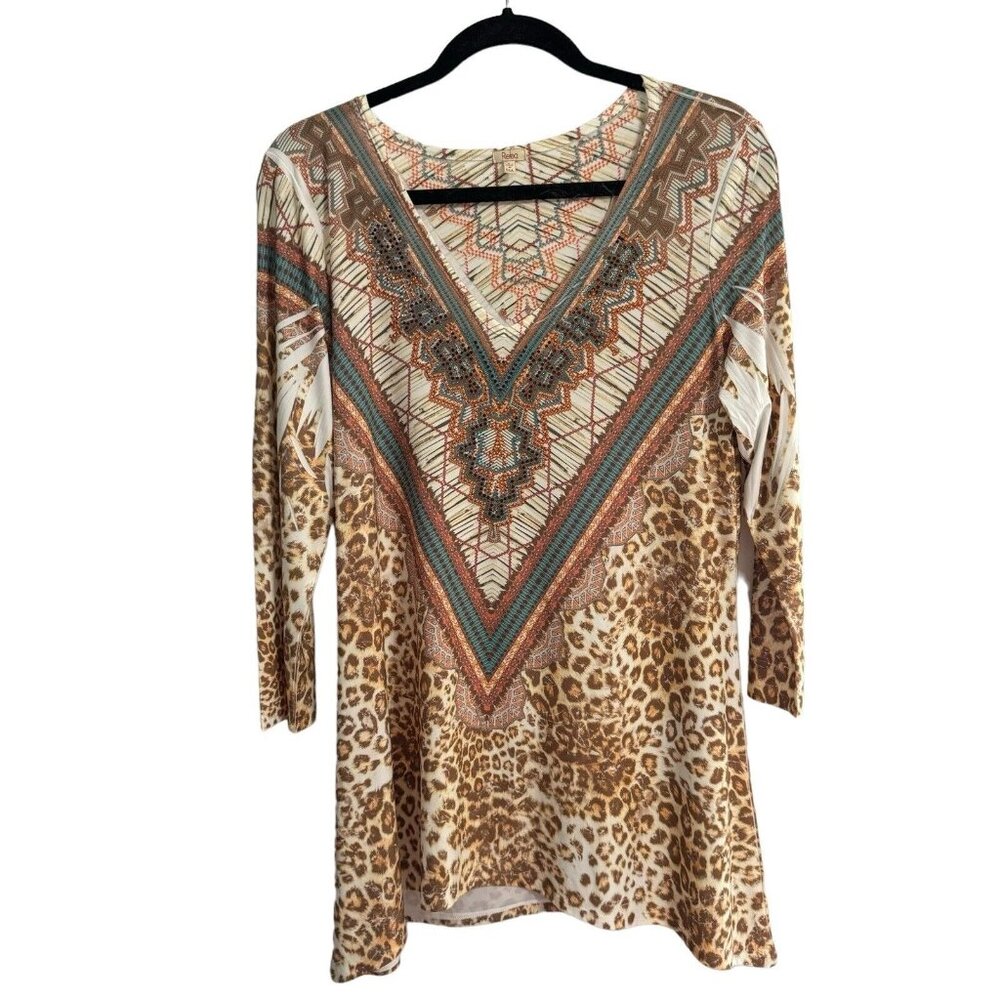 Reba Large Tunic Brown Turquoise Animal print 3/4 sleeve, bling blouse top 
